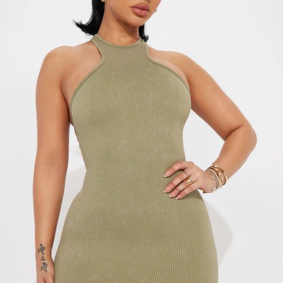 FN Riley Ribbed Midi Dress - Olive - Picture 2 of 4